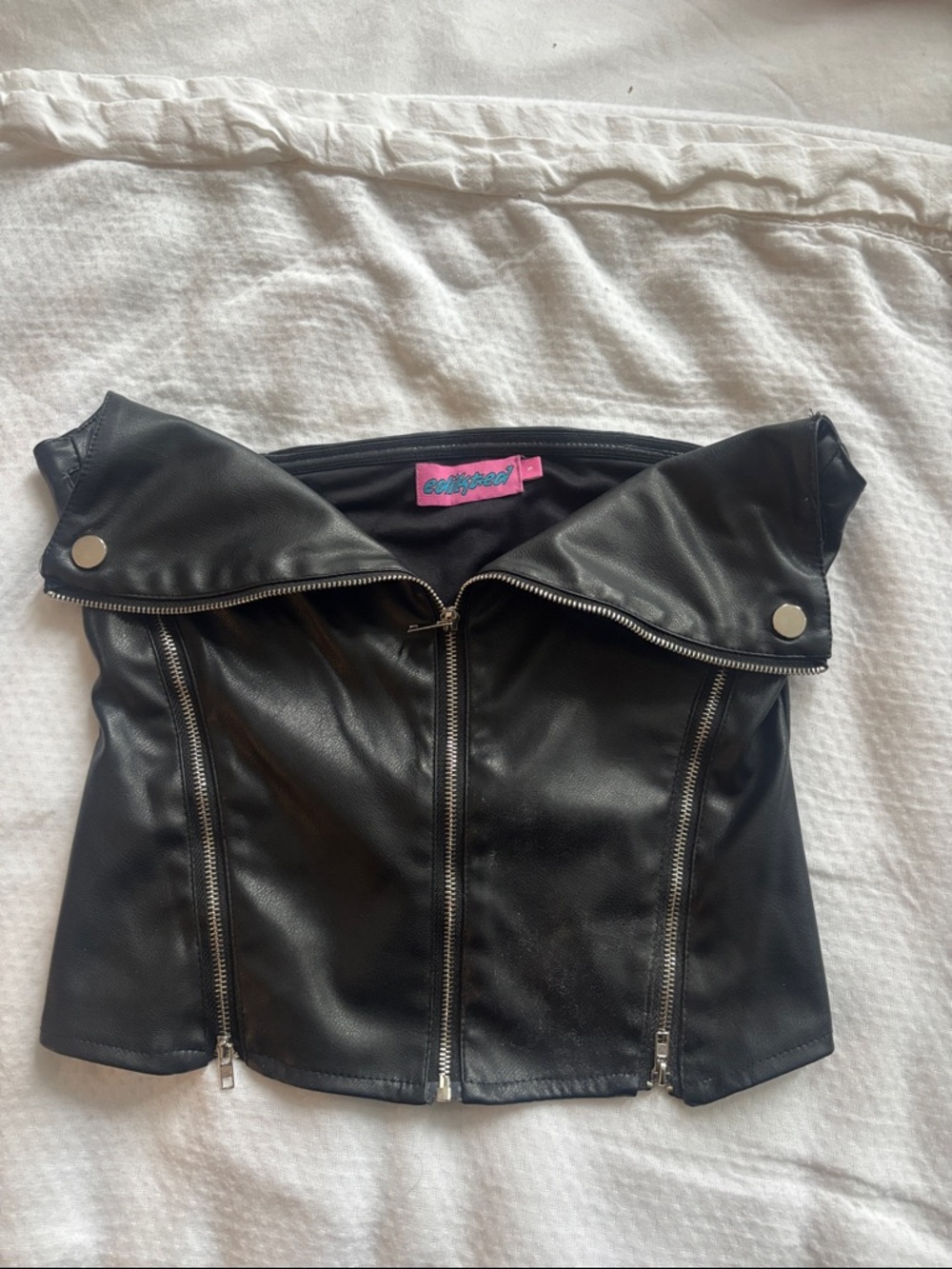 Edikted Black Faux Leather Off-Shoulder Moto Crop Top